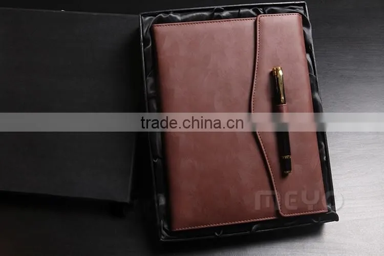 Offical brown leather notebook with locker with silver ballpoint pen gift set