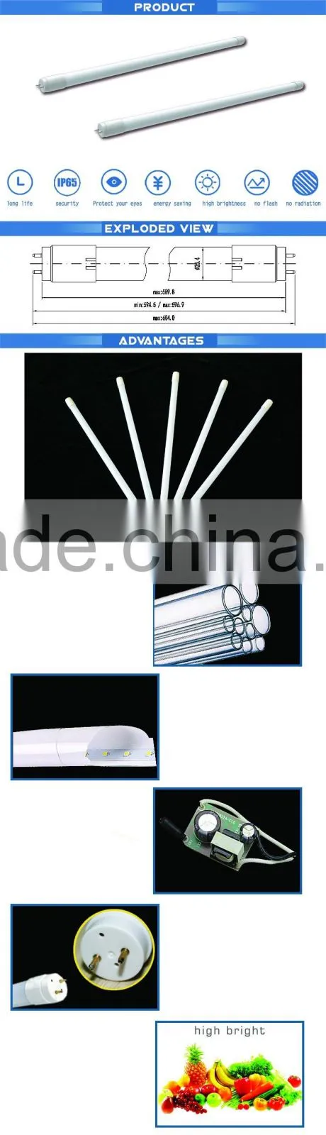 High brightness All glass material T8 LED tube light 20W 1200mm