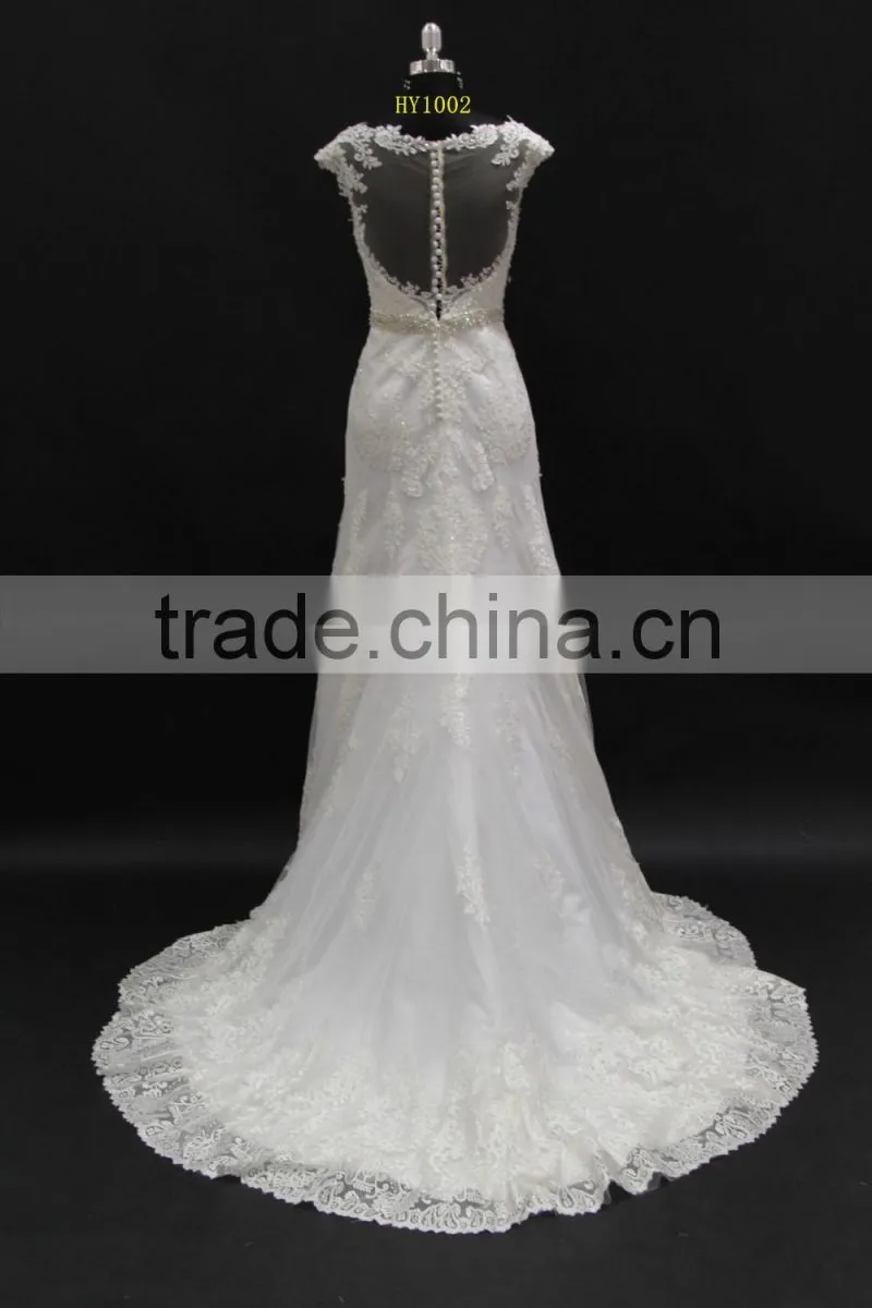 Small A-line with beading belt lace appliques sexy see through back wedding dress