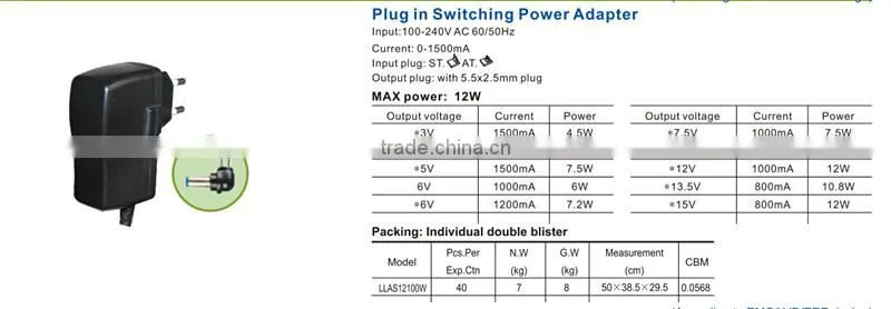 POWER SUPPLY MA POWER 12W switching SUPPLY 100-240V AC with DC plug