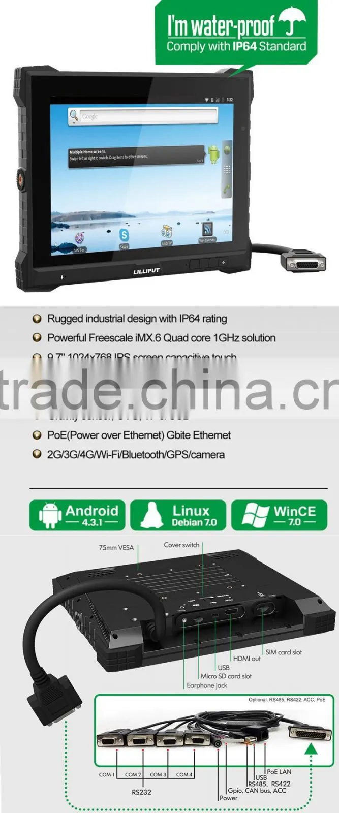 IP64 Lilliput 9.7 inch Android Based Vehicle Tracking System PC-9715