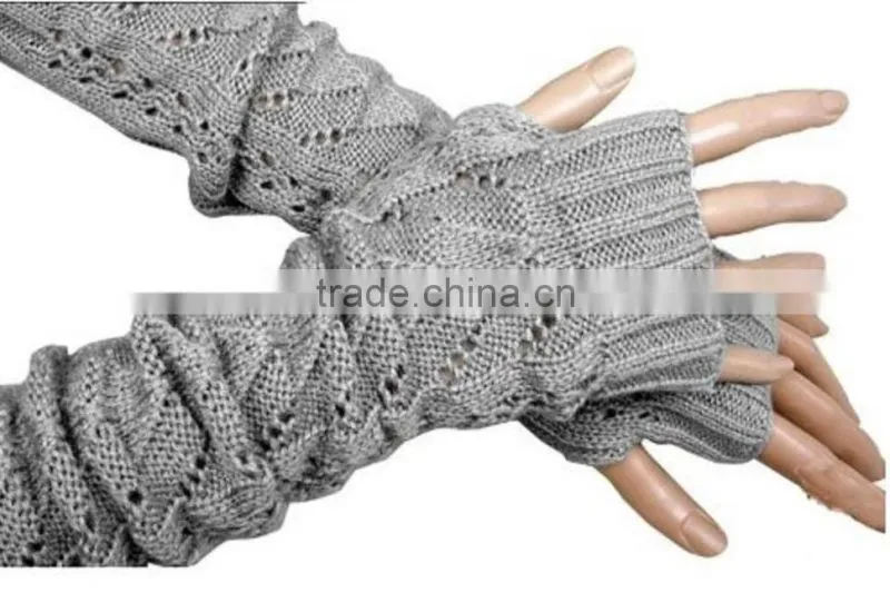 Fashion Women Ladies Black Gray Crochet Knit Stretch Long Fingerless Arm Warmers Gloves Cheap