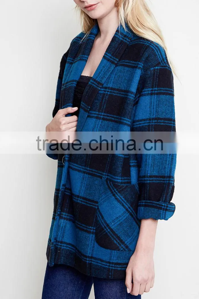 No Zipper Classic Women Winter Jacket 100% Polyetser Plaid Woven Flannel Boxy Jacket