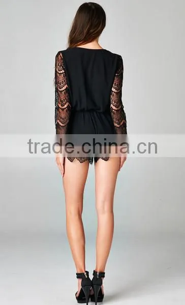 2015 new stylish sexy ladies Deep V neck open front romper playsuit lace sleeve short jumpsuit