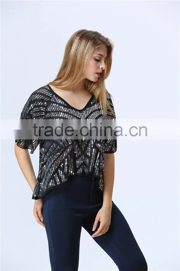 new design ladies heavy sequin embroideried embellishment beaded top Women Blouse