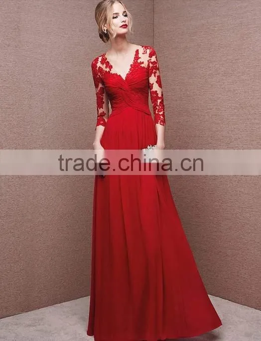 sexy deep v neck hollow lace evening red long sleeve prom dress