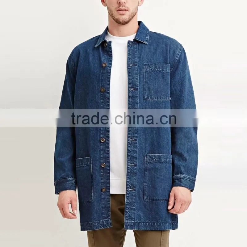longline denim dark blue long jacket with pocket for men