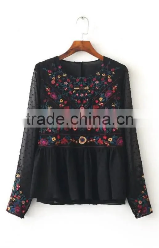 Runwaylover EY2364B Ladies Fashion 2017 Full Embroidery Chiffon Transparent Blouse