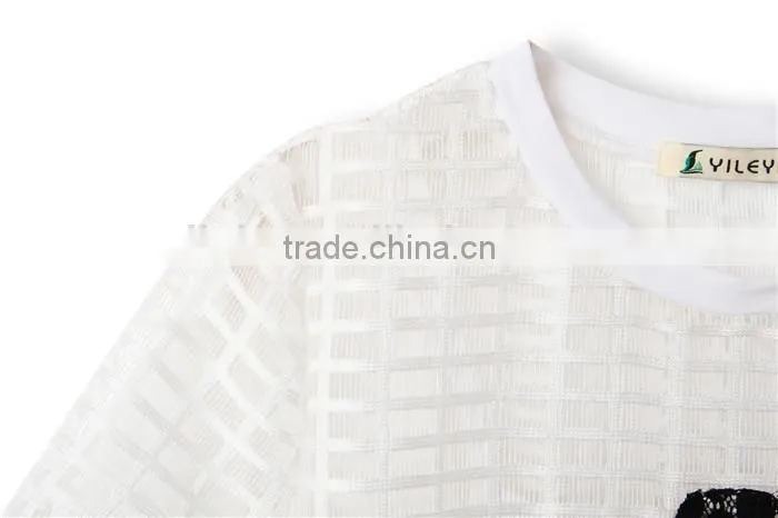 hollow out net designed sports style latest summer fashion women blouses elegant, lace embroidery blouse