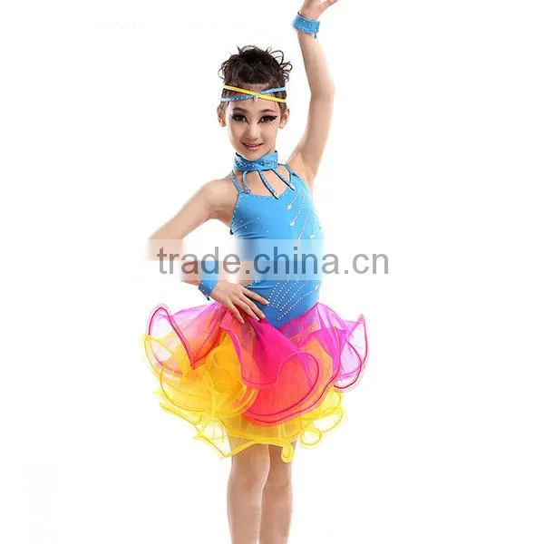 High level kids professional competition latin dance costume for girls Bright drill tassel Latin dance skirt