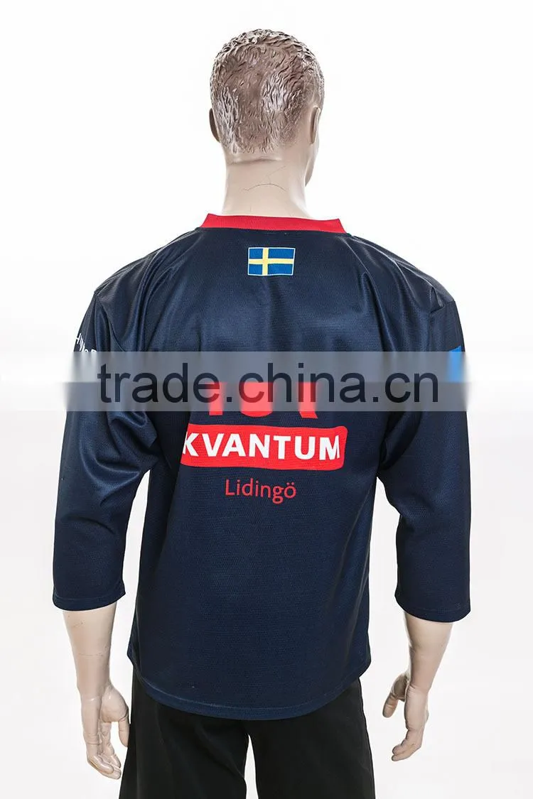 royal navy color with red neck printing sewing hockey t-shirt