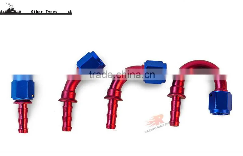 Aluminum oil cooler push on fitting 45 degree push on hose end blue and red 10-045-10