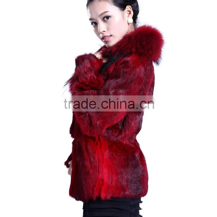 QD5728 Hot Selling Colorful Rabbit fur Coat With Raccoon Collar For Wholesale