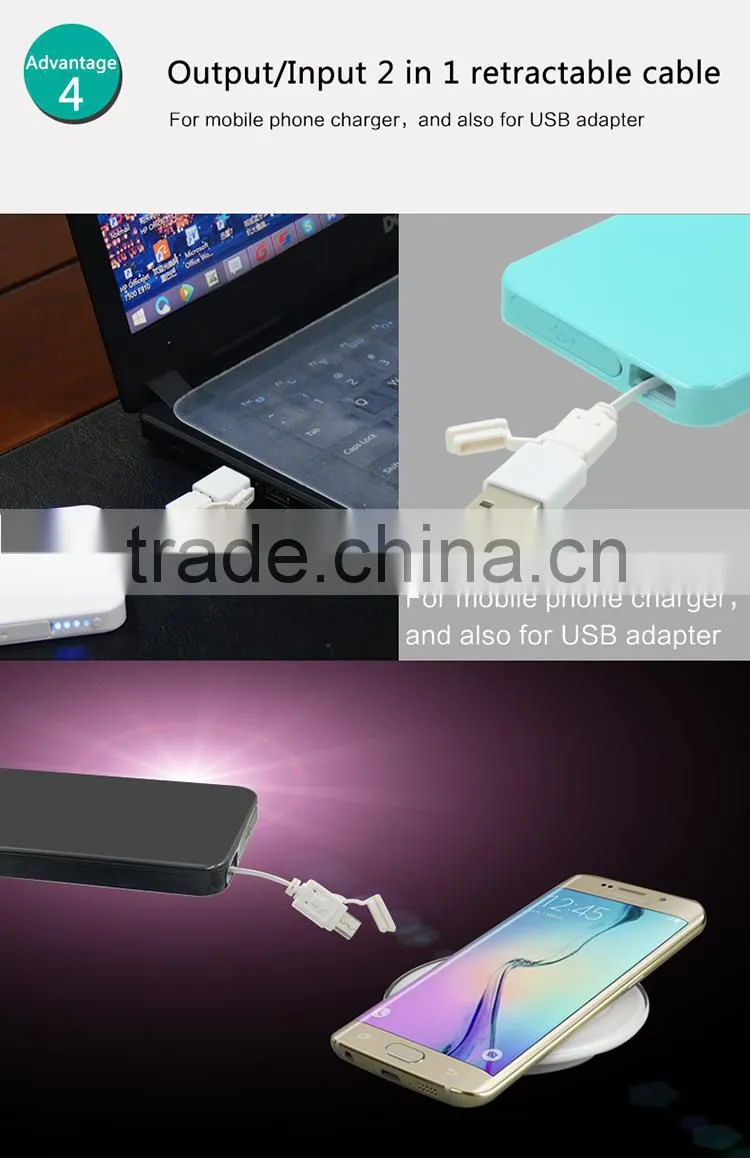 retractable cable wireless mini power bank with CE FCC ROHS