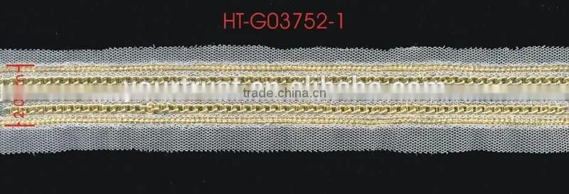 Clear Rhinestone Cup Gold Gold Chain Gold Metallic Thread White MeshTrimming