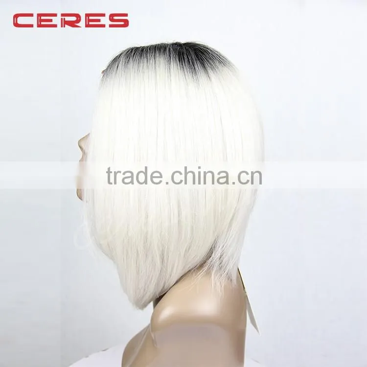 High Quality Silky Straight ombre grey Thick Synthetic Hair Lace Front Wig