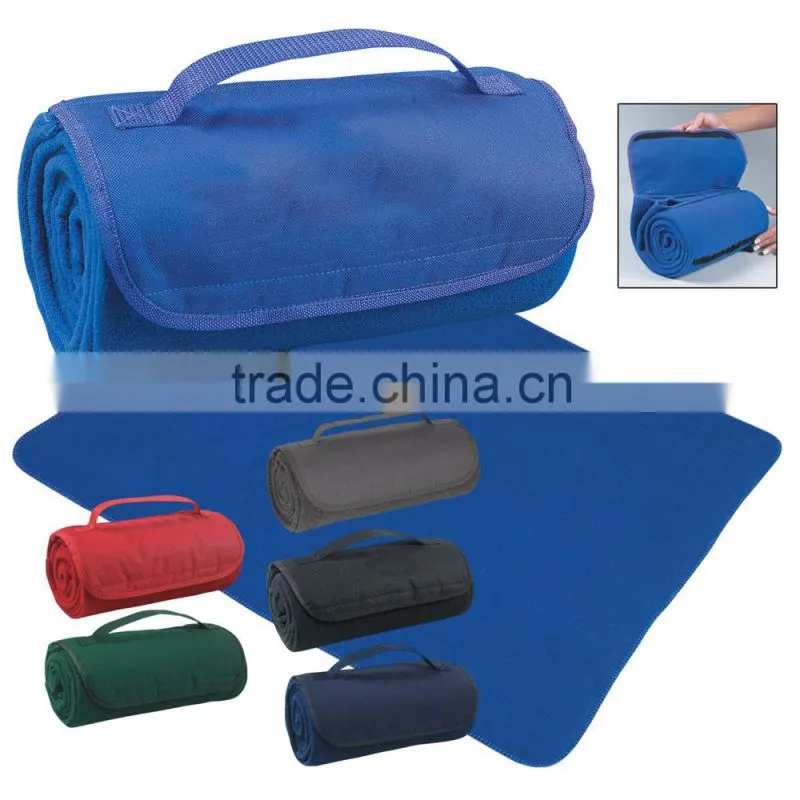 Portable Roll Up Blue color Polar Fleece Blanket with Strap
