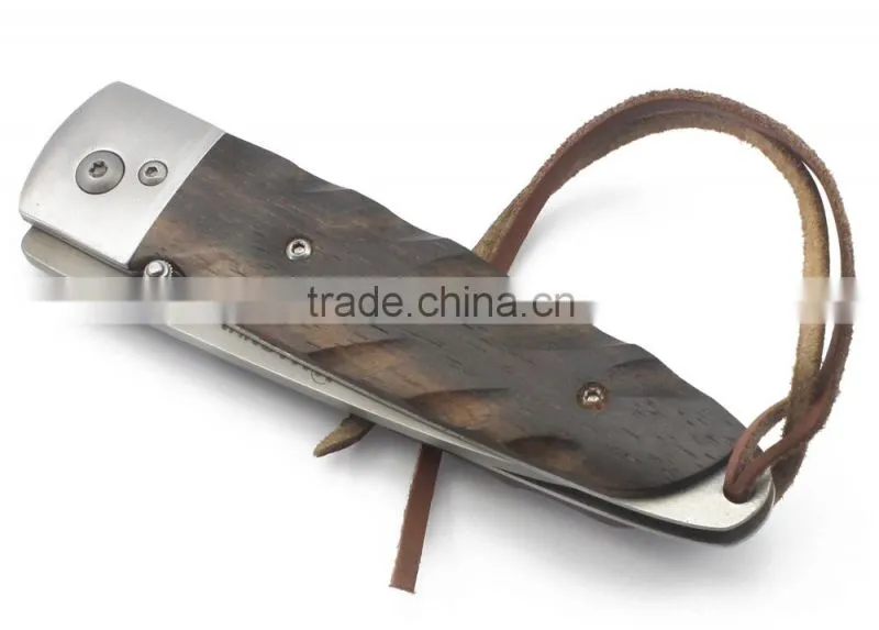 EDC Knife Wooden Handle Foldable Pocket Knife with Leather Rope