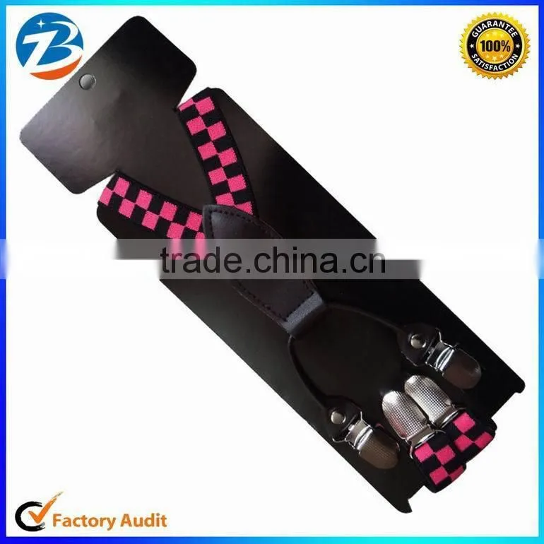 New Fashion Elastic Checker Design Kids Suspenders 4 Clips