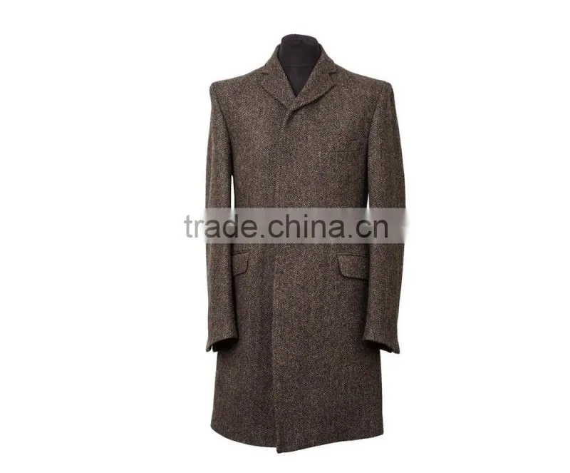 2015 new style 100% cashmere grey herringbone classic tailor made men's overcoat