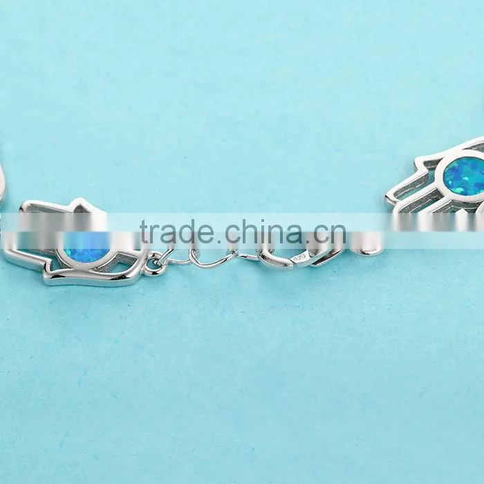 925 Sterling Silver Blue Opal Hamsa Hand Shape Bracelet SBI160W