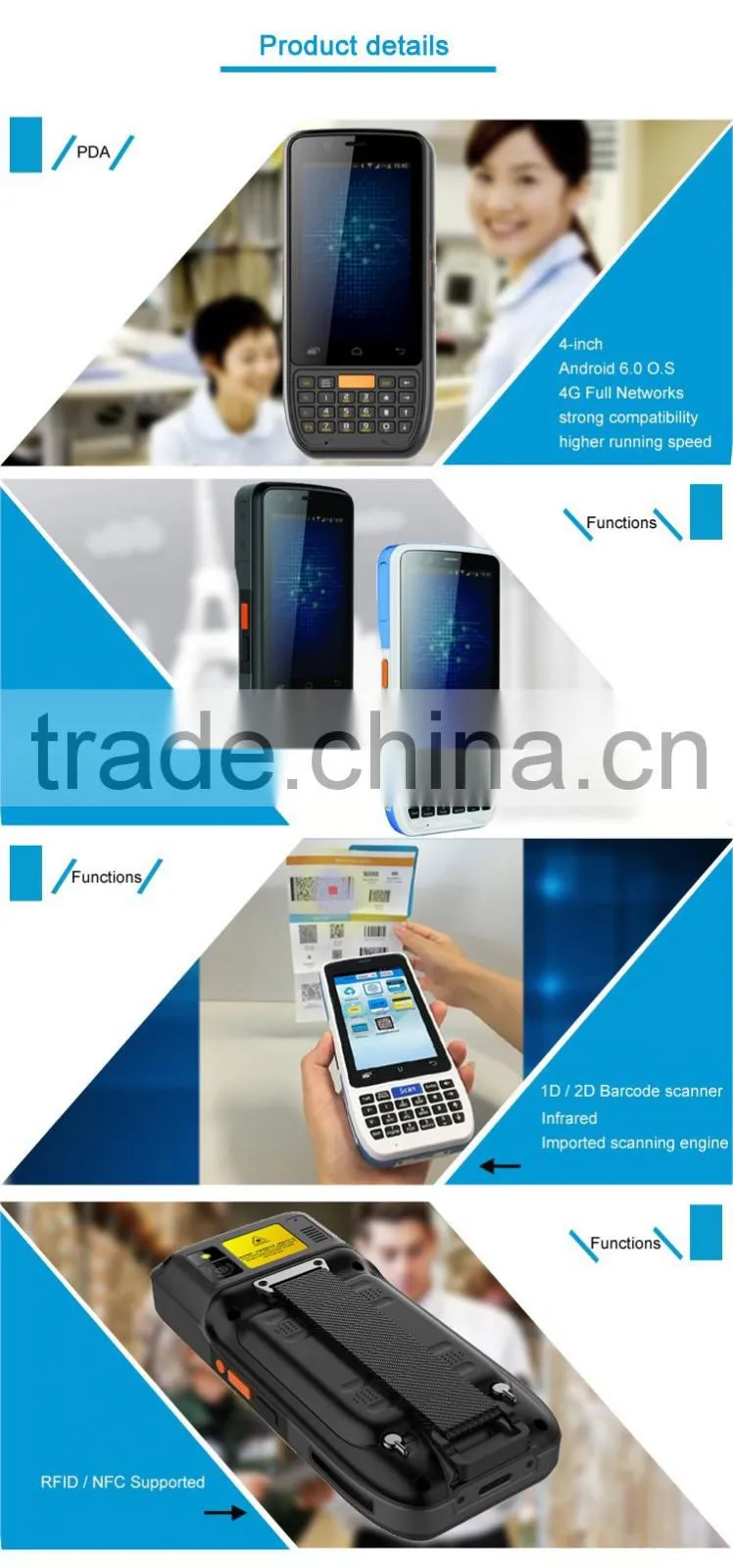 Newest rfid qr code scanner rugged phones android 6.0 with collection