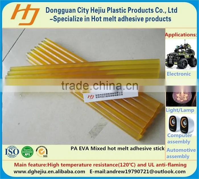 China PO/EVA Amber yellow hotmelt adhesive glue stick for electronic toys