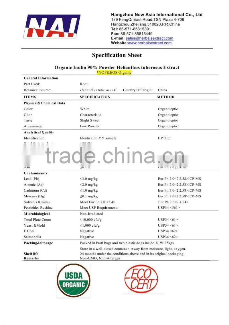 Organic Inulin 90% Powder Helianthus tuberosus Extract,NOP,EOS,Organic100%ID,Non-Irradiation,Low Contaminants of Aflatoxin,PAHs,