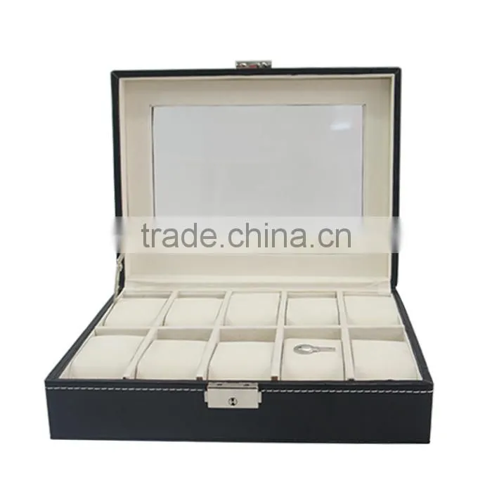 Store More Watch Box Large 10 Mens Black Leather Display Glass Top Jewelry Case Organizer