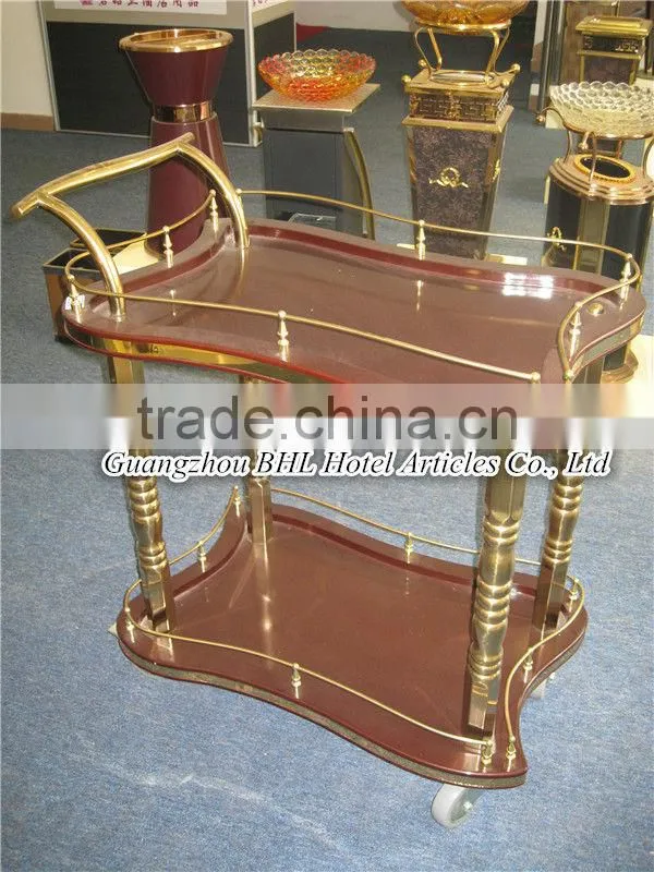 Guangzhou BHL Hotel Articles Roman Pillar Double-deck Golden hotel brass bar cart gold bar cart serving trolley