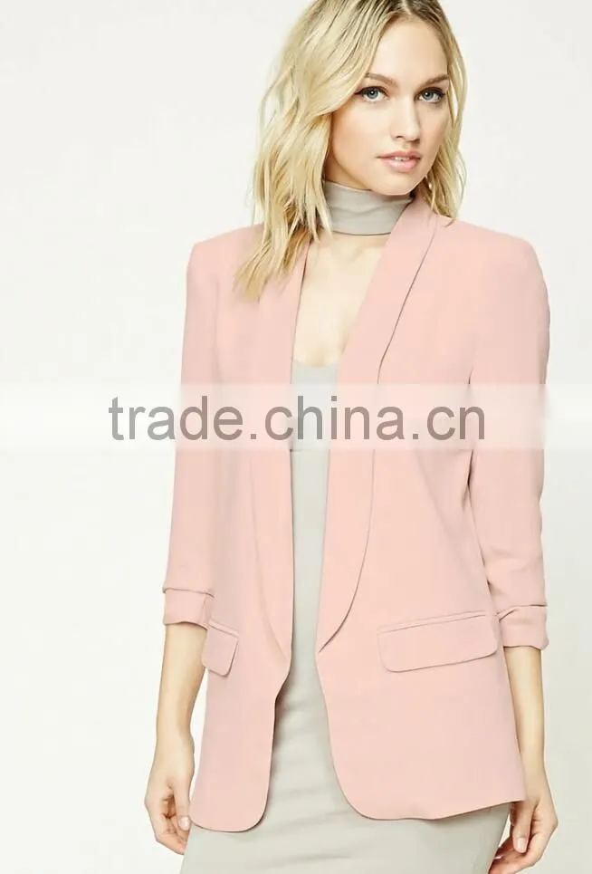 Women Formal Blazer Modern Fashion Textured Knit Open Front Long Ruched Sleeves LONGLINE Latest Blazer Design For Mature Ladies