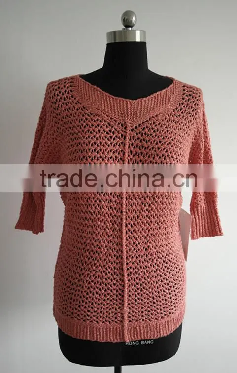 Ladies short sleeve cotton&lurex knittted pullover sweater
