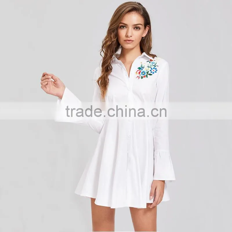 women Flower emboriedered long Sleeve clothing, white High Waist Shirt Dress