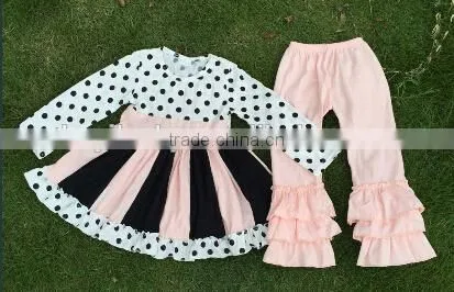 persnickety wholesale children's remake soft denim double ruffle dark blue jean color fashion kids clothes sets fall winter