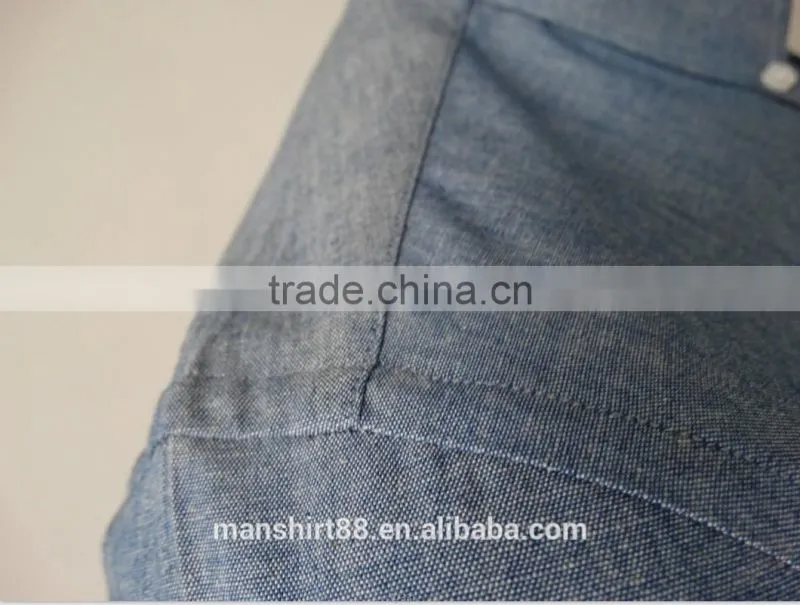 2016 100% cotton chambray fabric button down roll collar long sleeve washed denim dress shirt for men