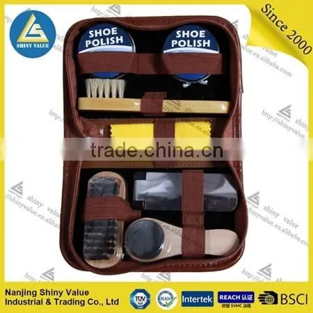 professional handy PVC bag mens shoe shine kit with lint brush and wood shoe brushes