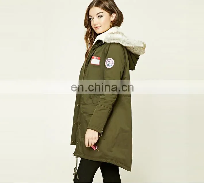 OEM Service Wholesale Ladies Patched Faux Fur Hooded Parka Winter Coats China Supplier