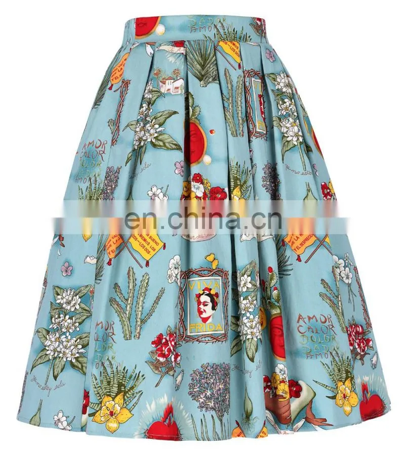 Grace Karin Women's Vintage Retro A-Line Pleated Cotton Print Skirt 5 Patterns CL010401-2