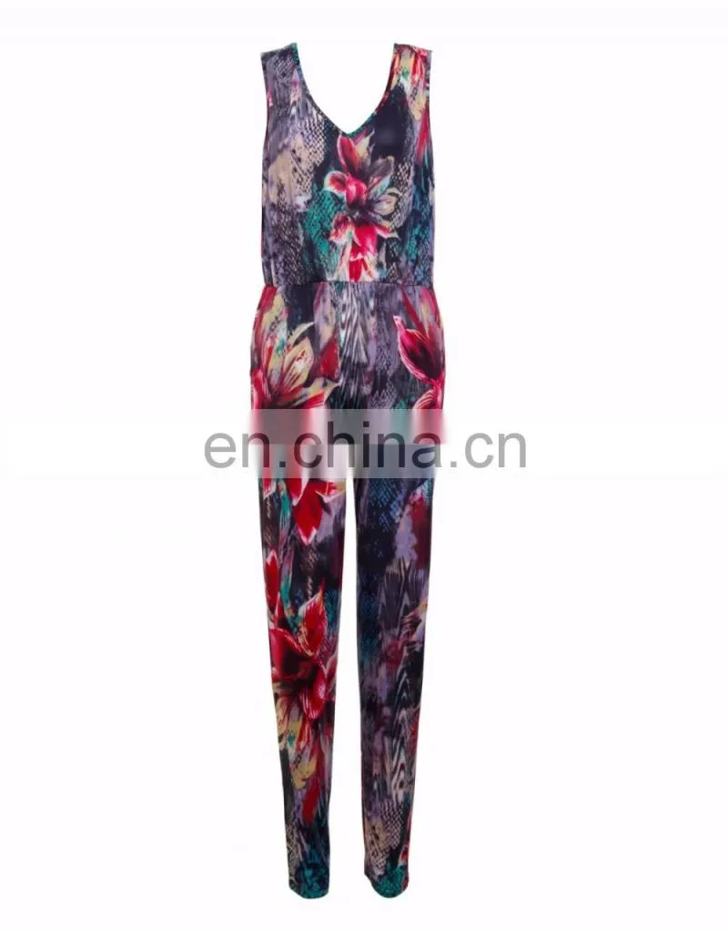 Latest Custom Printed Casual Jumpsuit Lily Floral Printed Sleeveless V Neck Jumpsuit