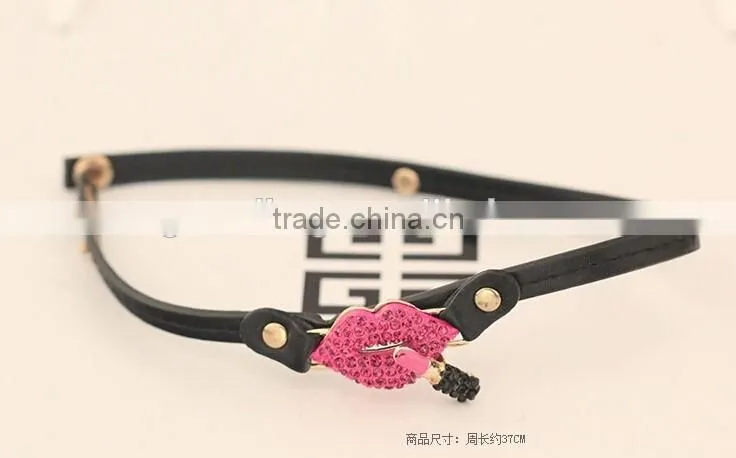Exaggerated Fashion Red Mouth Lip Leather Gift Personality Charm Bracelet fo Lady