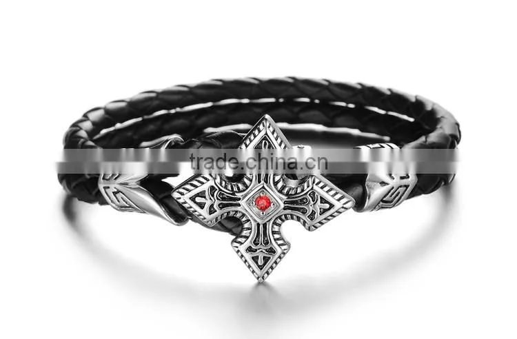 Genuine cow leather weave bracelets titanium steel big brand vintga antic cross man bracelet