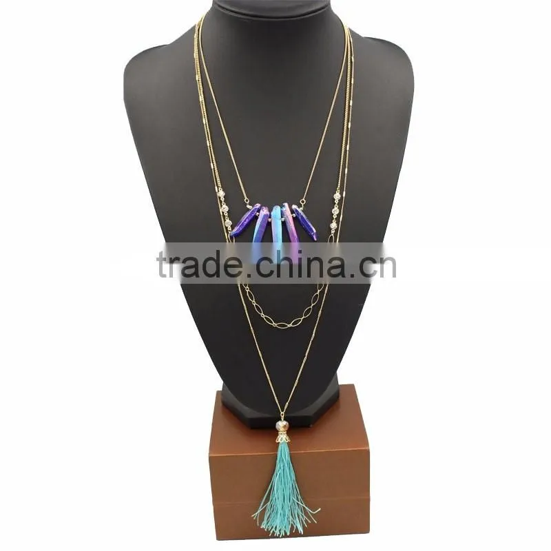 Fashion Boho Crystal Beaded Long Tassels Layering Fringe Pendant Necklace NNK-100974-1