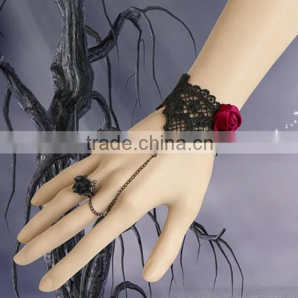 Lace Bracelet Ring Big Red Flower Charm Alloy Ring Chain Black Bracelet Chain