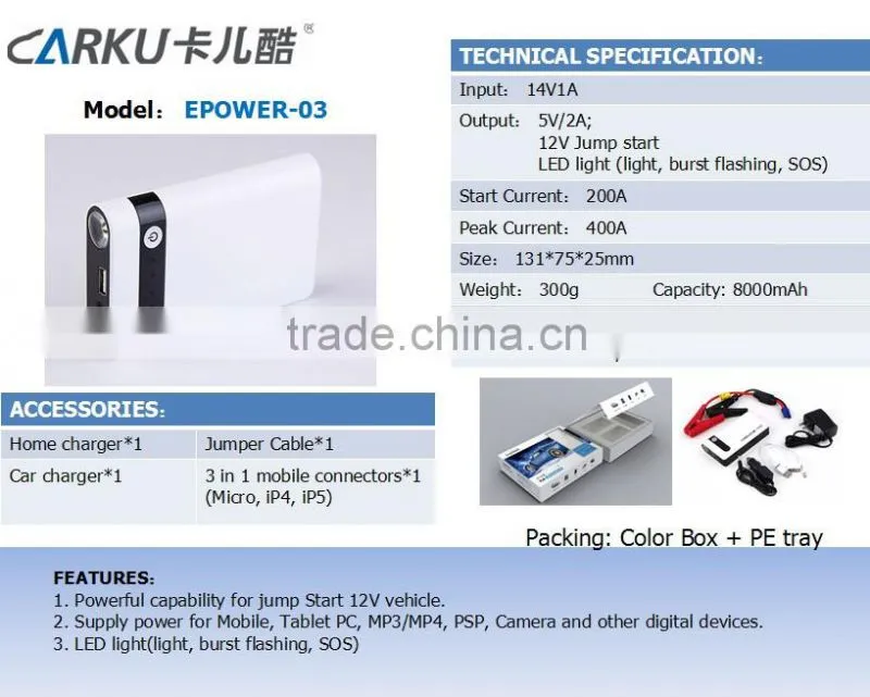 New product 8000mAh 400amp peak mini phone charger emergency jump starte power tool for car