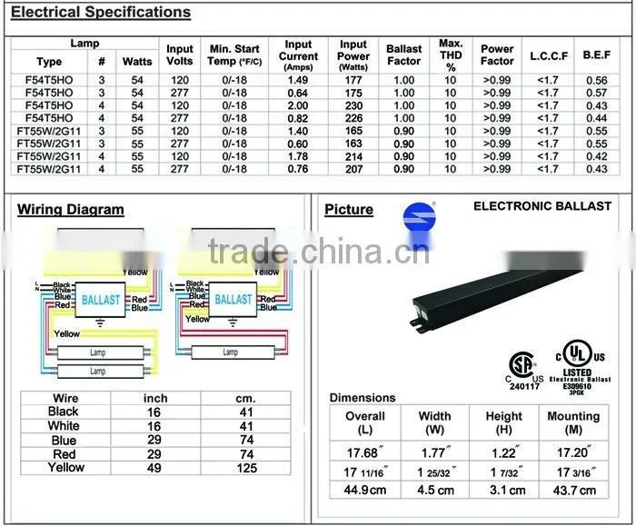 T5 54W 120-277V 3 or 4 lamps Electronic Ballast, 5-year Warranty , cULus and CSA Certificated