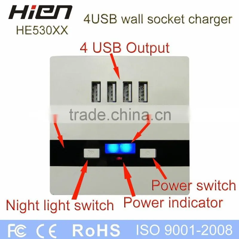 4 USB wall socket with led night light DC5.0V3000mA white color