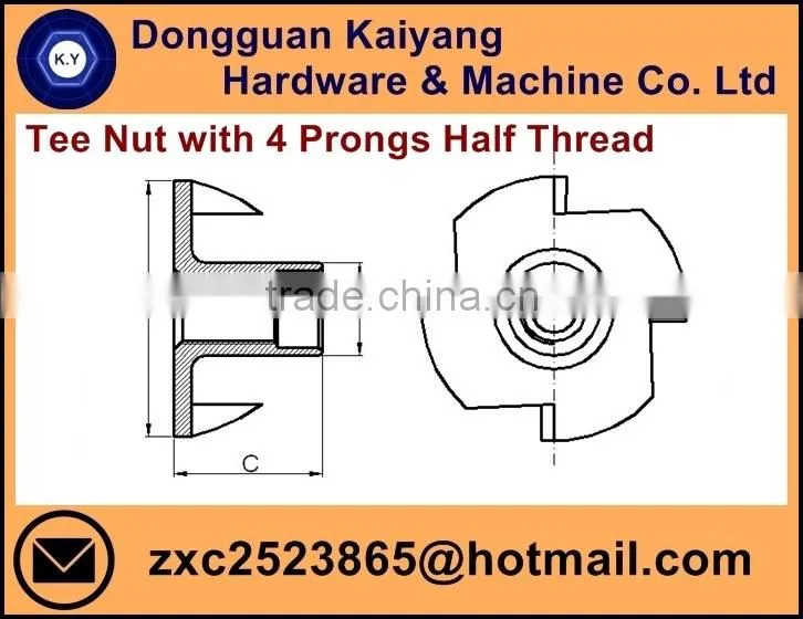 4 Prongs Tee Nut; T Nut (Half Threaded) for furniture with Bright (White) /Blue /Yellow Zinc Plated; M5, M6, M8, M10
