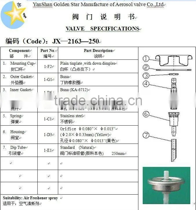Air freshener aerosol valves/tinplate aerosol valves