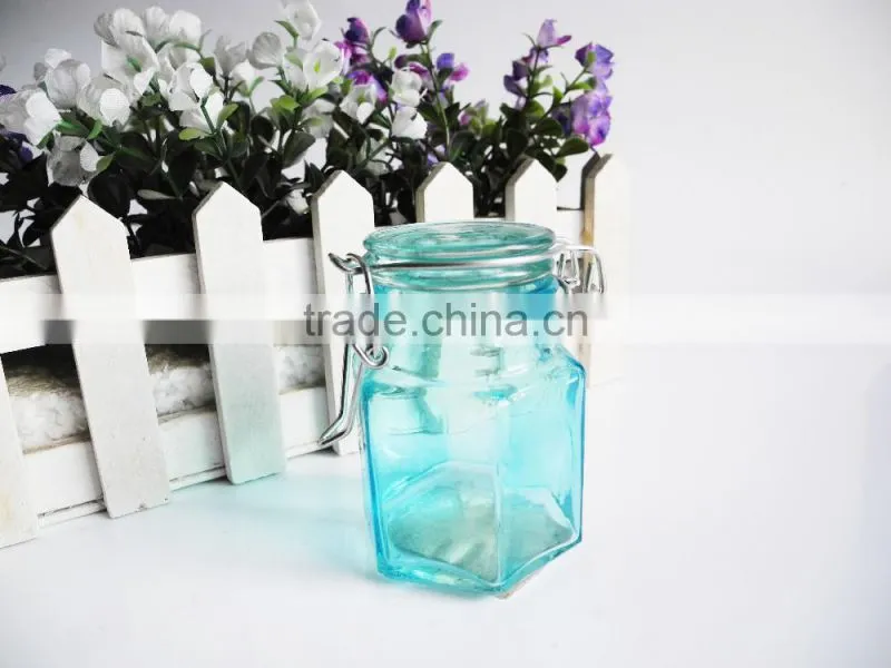 kitchen utensils mini hexagon glass cruet bottle with metal latch top lid