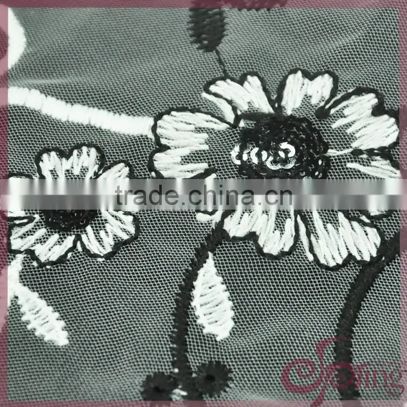 Vine flower embroidery french lace fabric, mesh embroidered sequin fabric for dress
